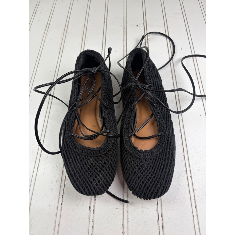 Vintage Y2K Black Woven Crochet Lace Up Ballet Flats Women's Size 7 - Picture 4 of 9